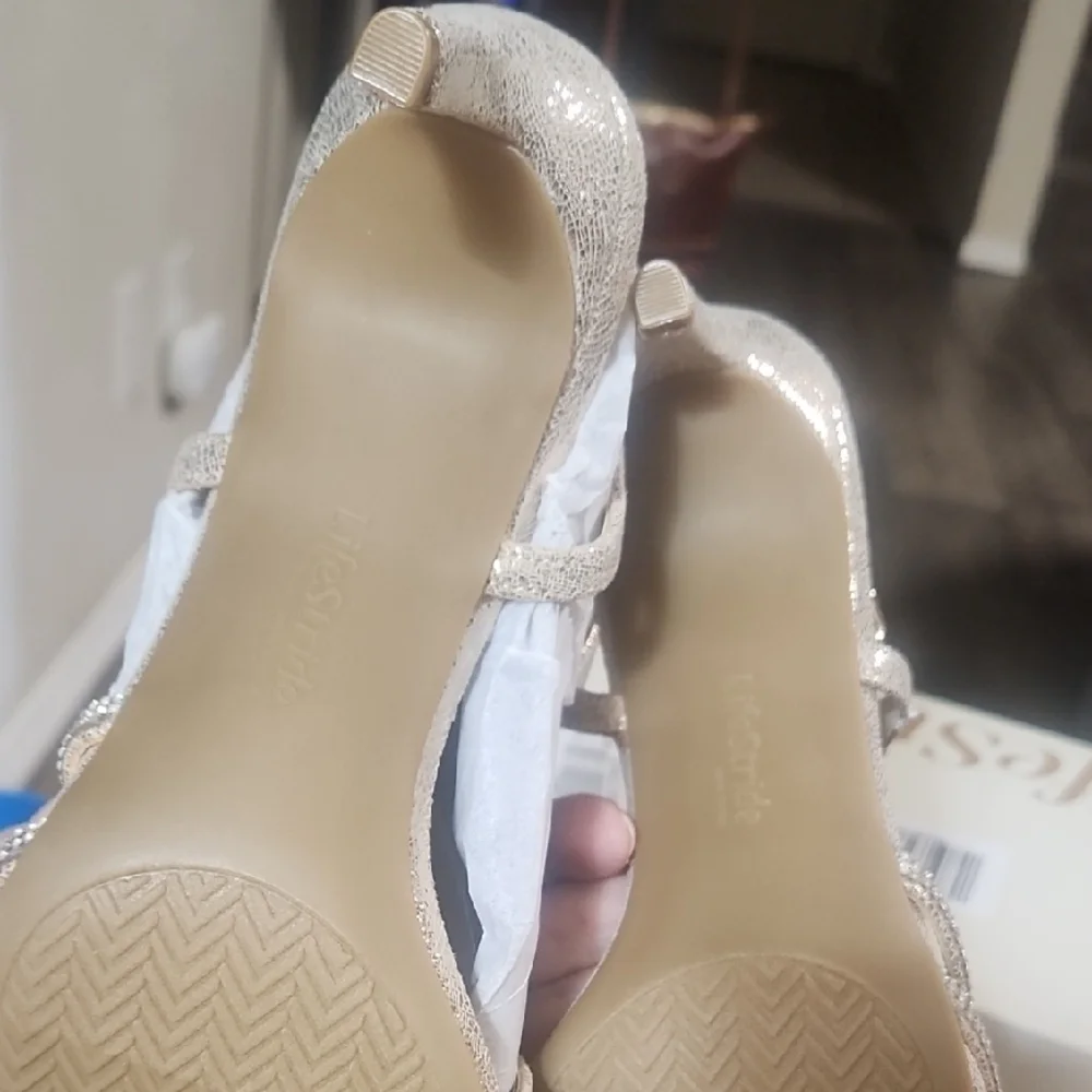 Life Stride Women's Metallic Gold Pointed Toe Flats with Rhinestone Strap